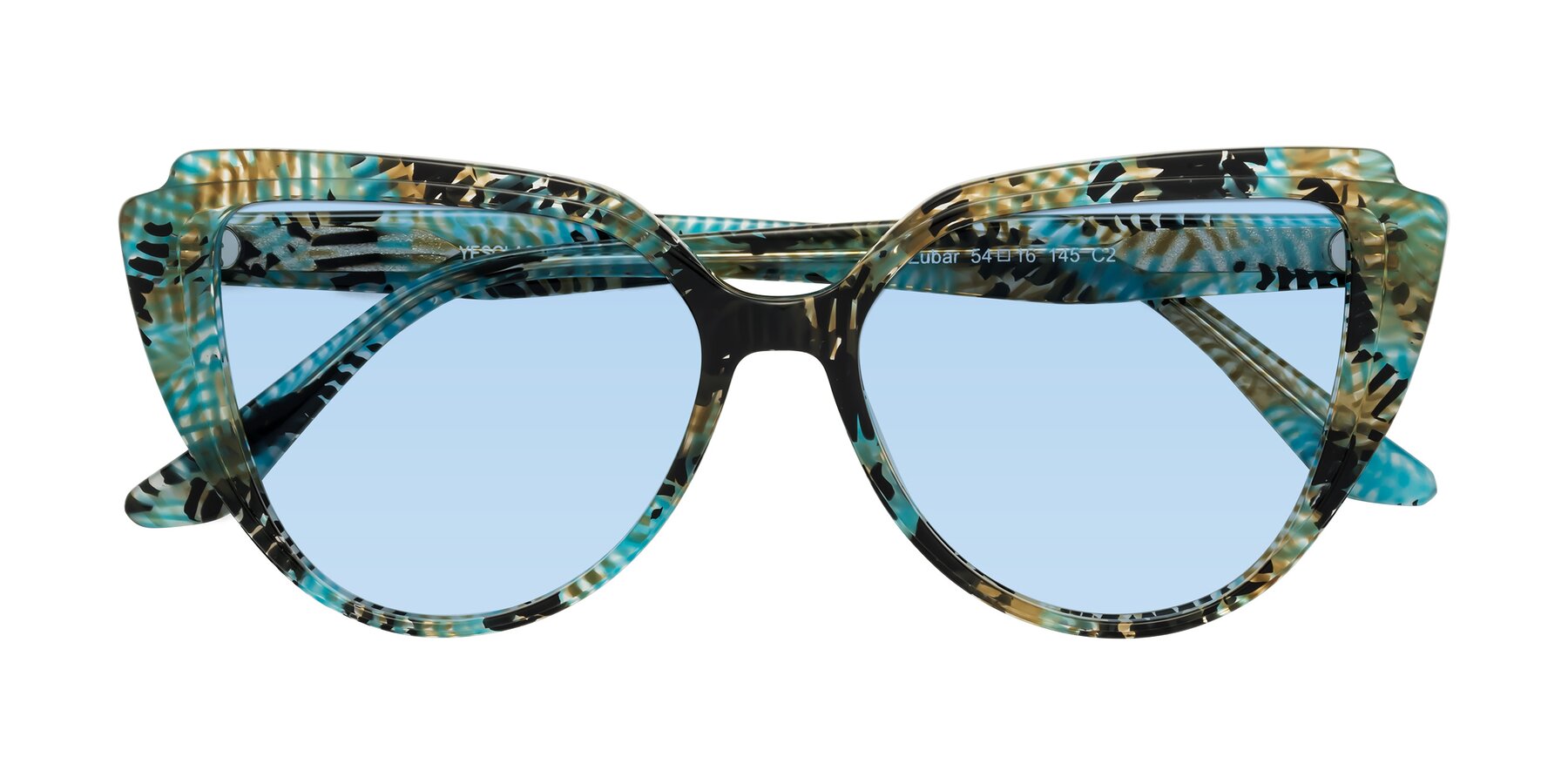 Folded Front of Zubar in Cyan Snake Print with Light Blue Tinted Lenses