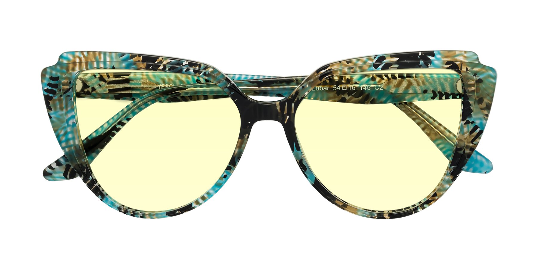 Folded Front of Zubar in Cyan Snake Print with Light Yellow Tinted Lenses