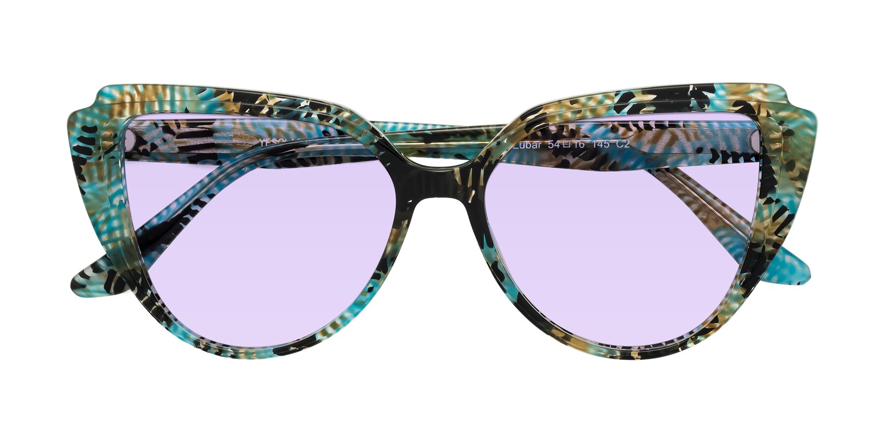 Folded Front of Zubar in Cyan Snake Print with Light Purple Tinted Lenses