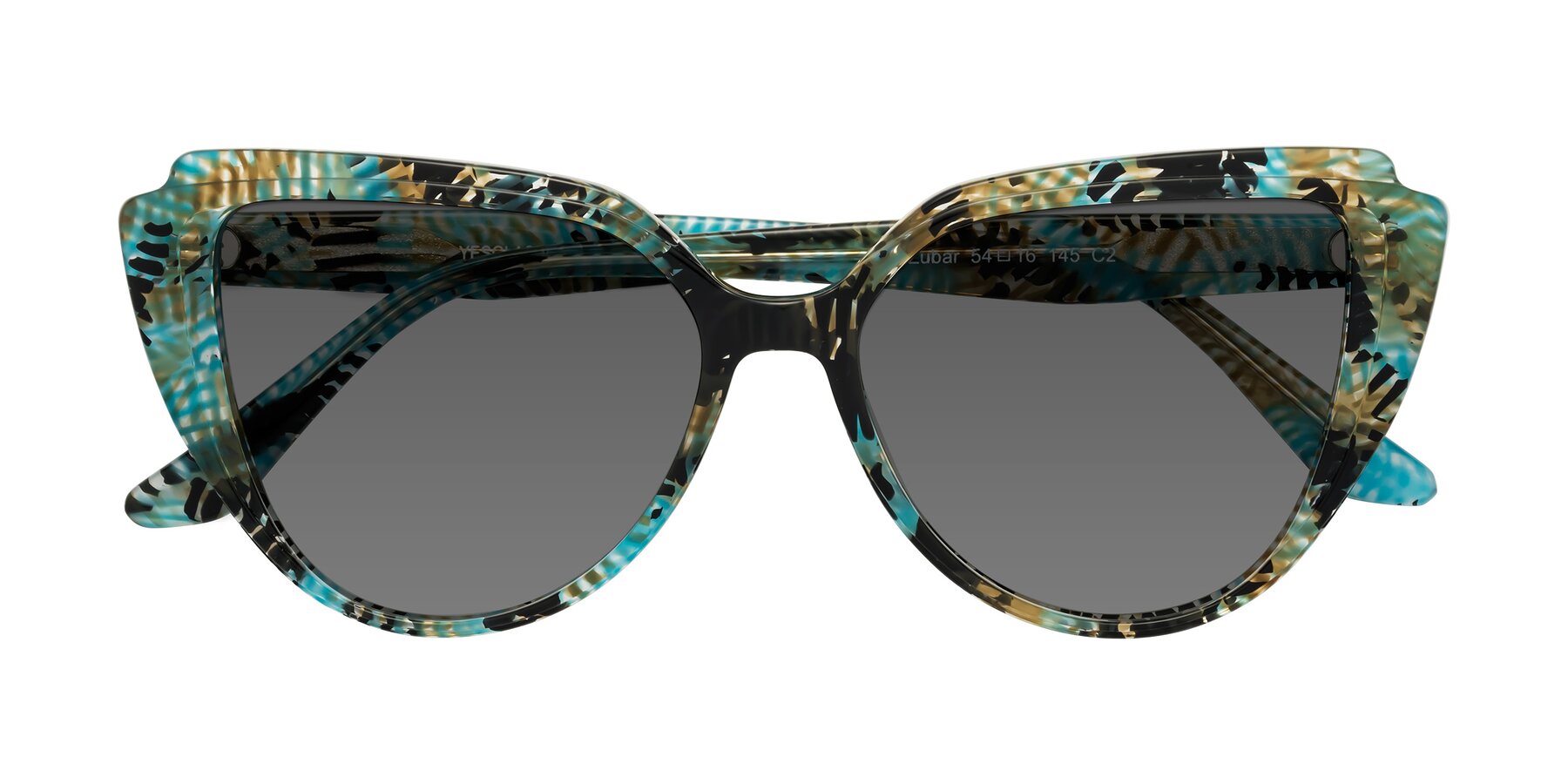 Folded Front of Zubar in Cyan Snake Print with Medium Gray Tinted Lenses