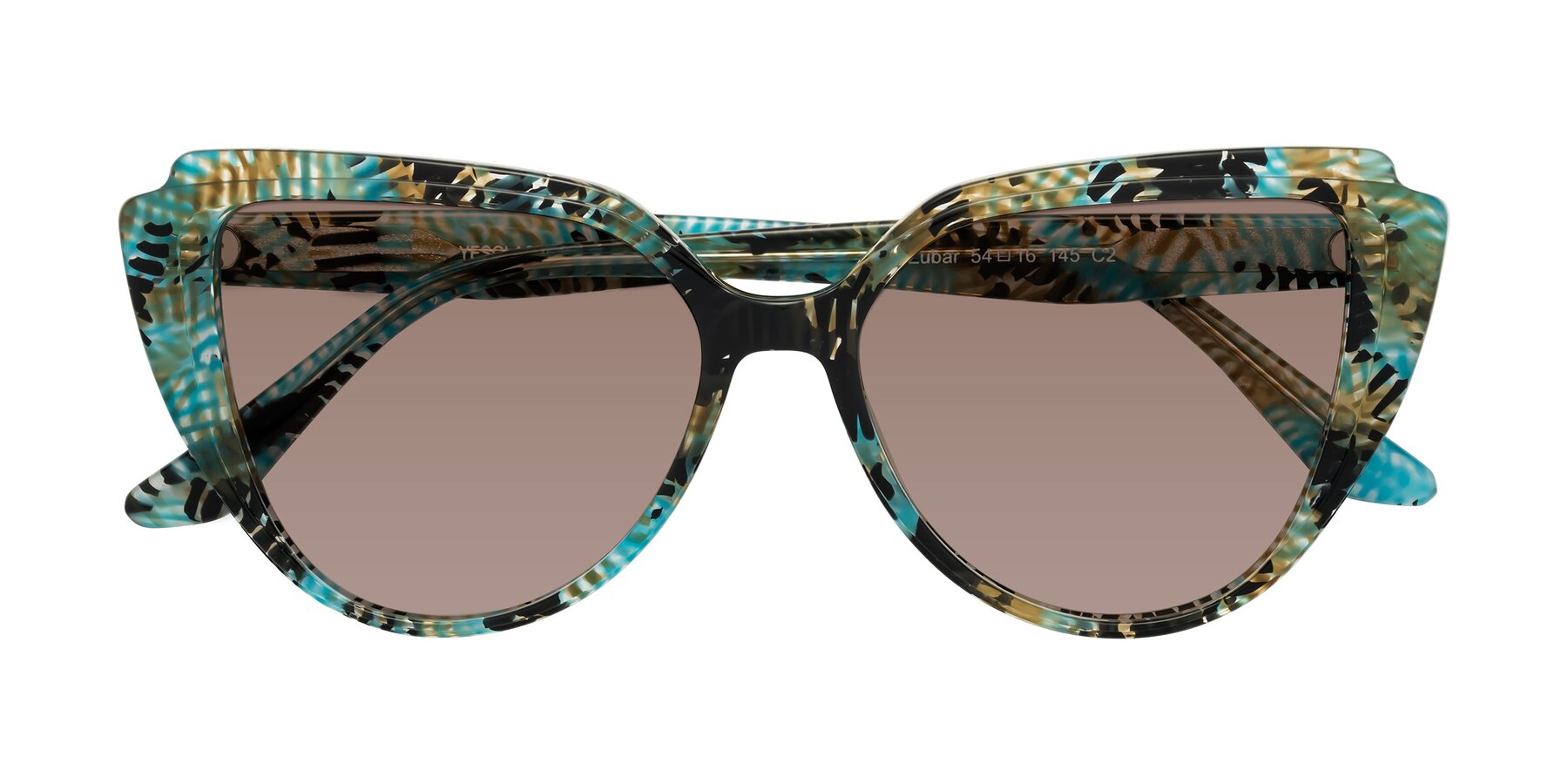 Folded Front of Zubar in Cyan Snake Print with Medium Brown Tinted Lenses