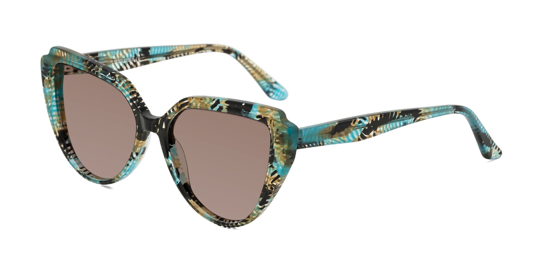Angle of Zubar in Cyan Snake Print with Medium Brown Tinted Lenses