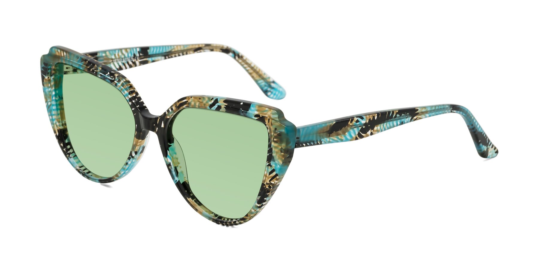 Angle of Zubar in Cyan Snake Print with Medium Green Tinted Lenses