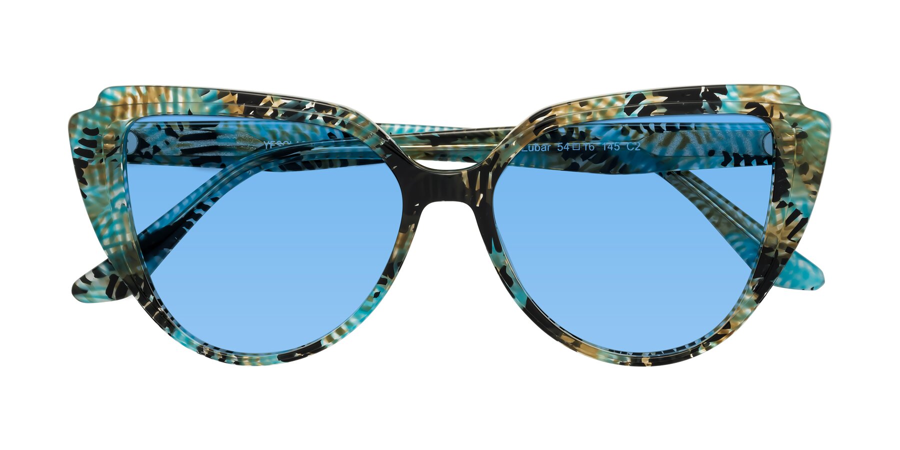 Folded Front of Zubar in Cyan Snake Print with Medium Blue Tinted Lenses
