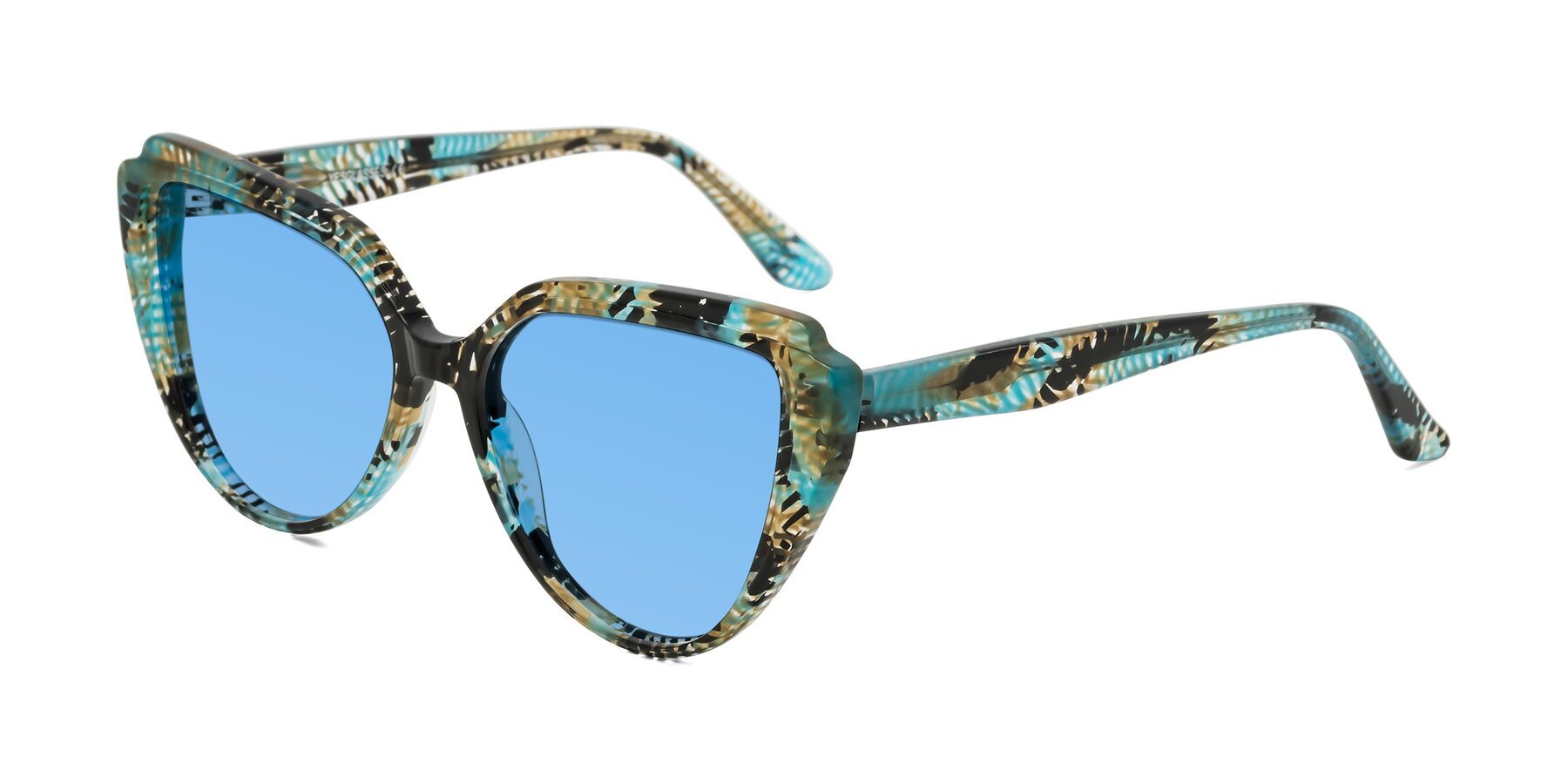 Angle of Zubar in Cyan Snake Print with Medium Blue Tinted Lenses