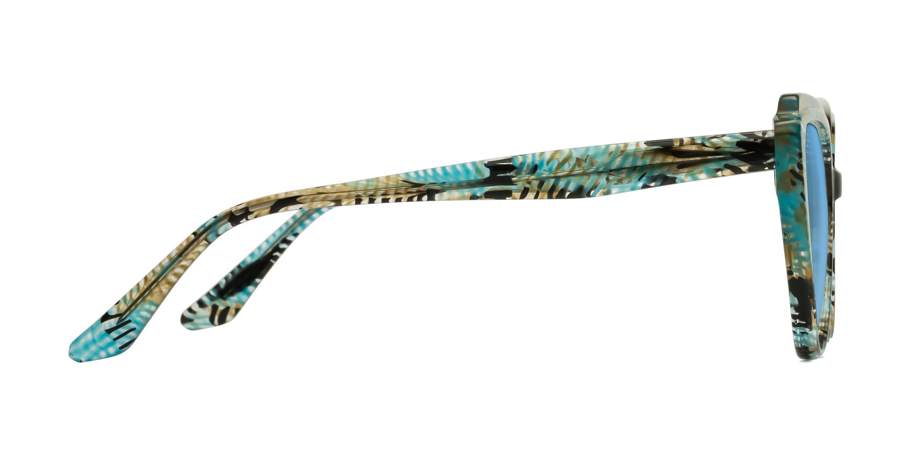 Side of Zubar in Cyan Snake Print with Medium Blue Tinted Lenses