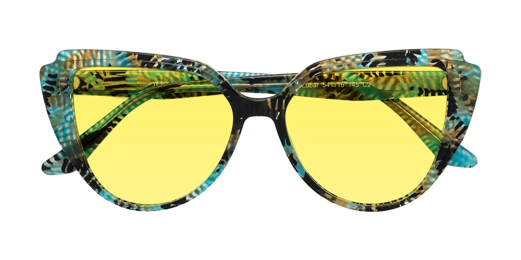 Folded Front of Zubar in Cyan Snake Print with Medium Yellow Tinted Lenses