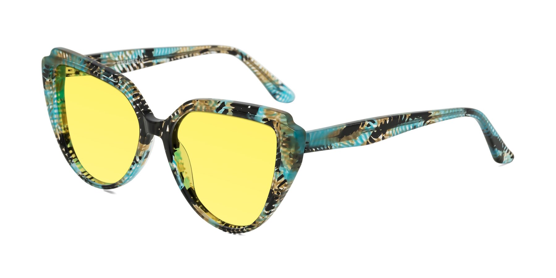 Angle of Zubar in Cyan Snake Print with Medium Yellow Tinted Lenses