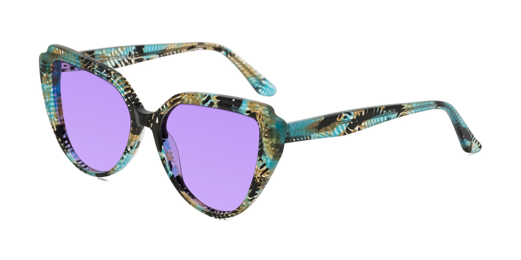 Angle of Zubar in Cyan Snake Print with Medium Purple Tinted Lenses