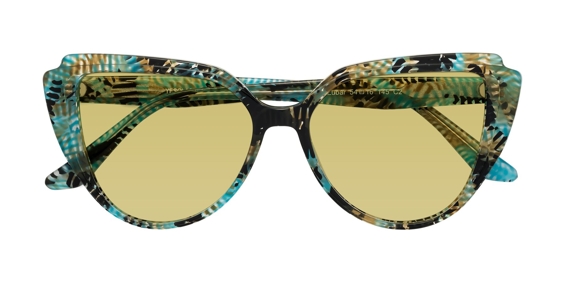 Folded Front of Zubar in Cyan Snake Print with Medium Champagne Tinted Lenses