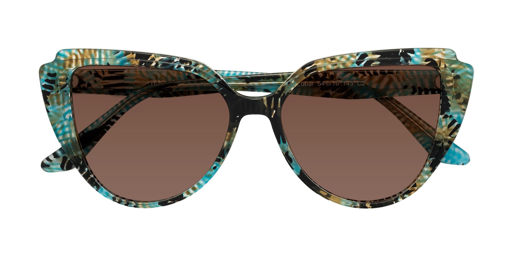 Folded Front of Zubar in Cyan Snake Print with Brown Tinted Lenses