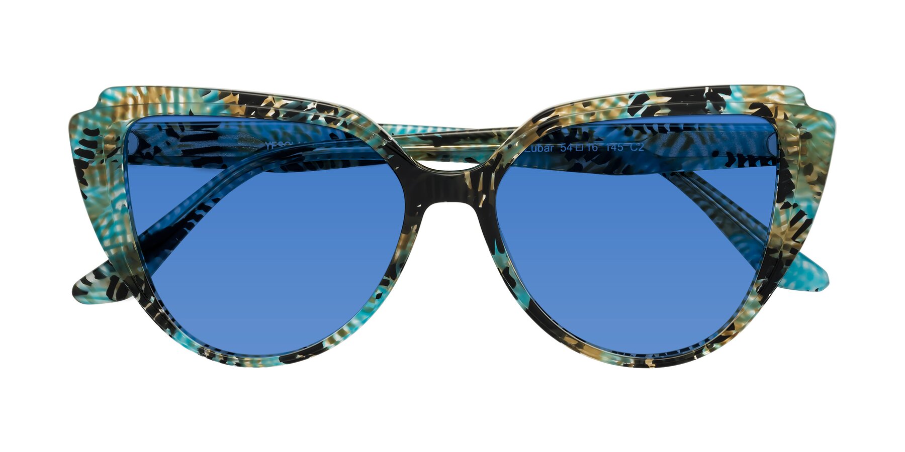 Folded Front of Zubar in Cyan Snake Print with Blue Tinted Lenses