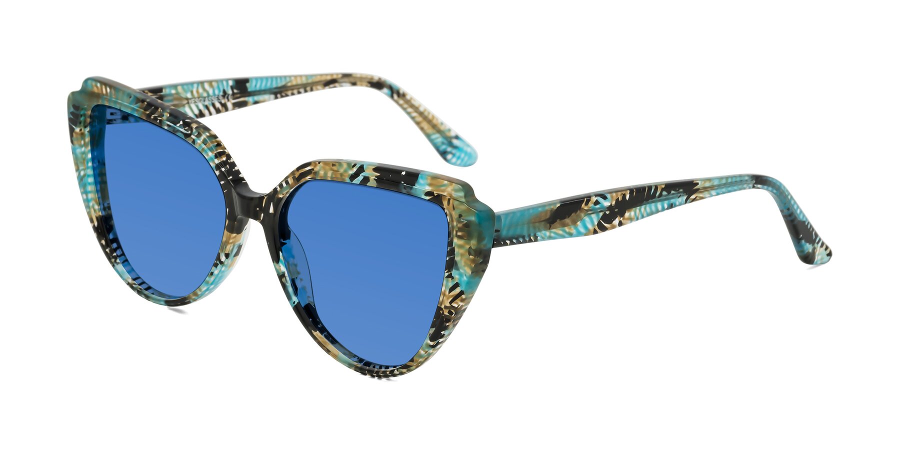 Angle of Zubar in Cyan Snake Print with Blue Tinted Lenses