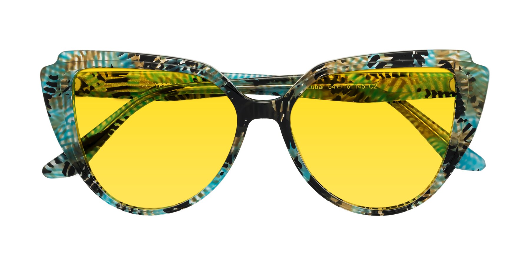 Folded Front of Zubar in Cyan Snake Print with Yellow Tinted Lenses