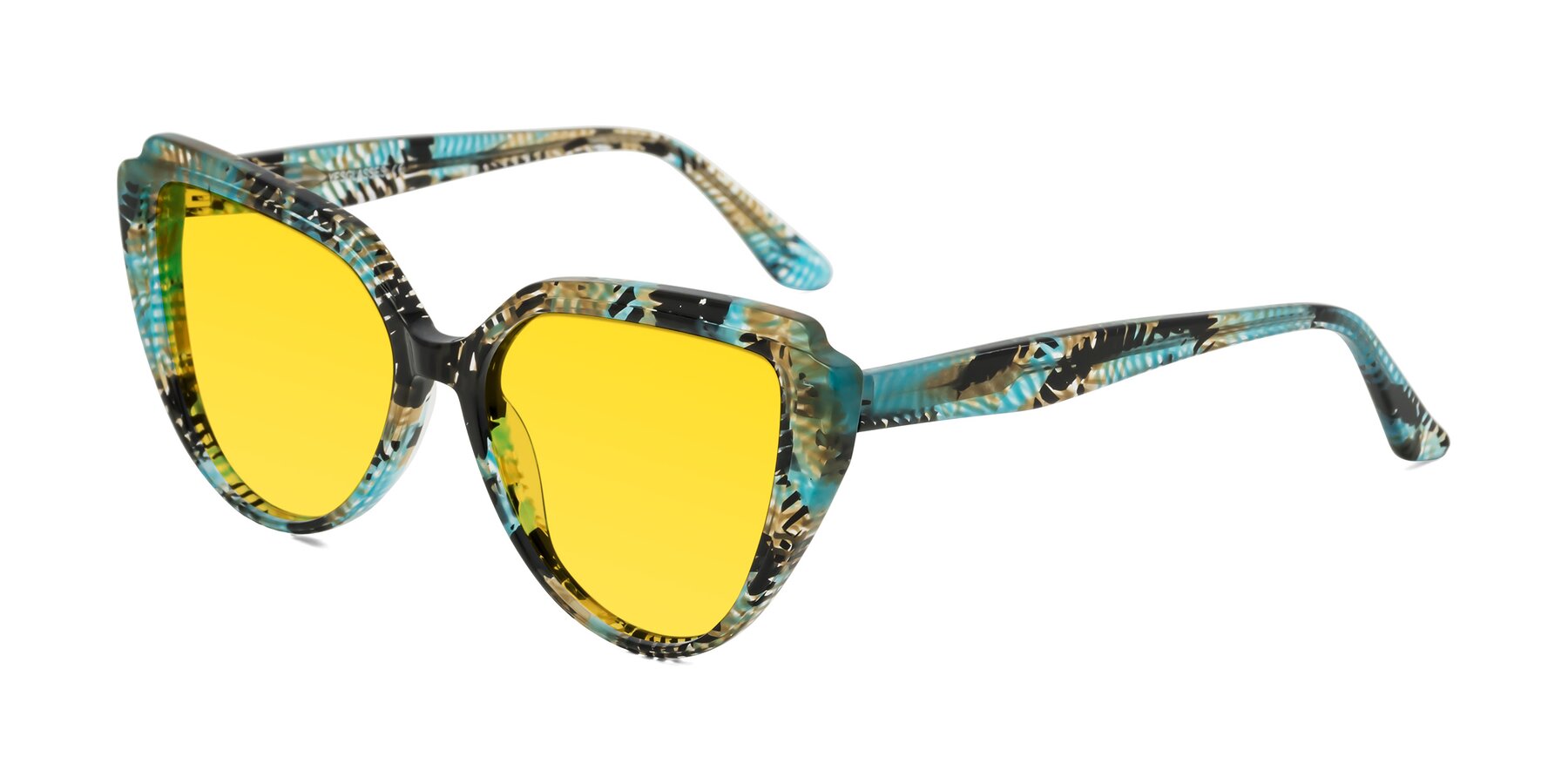 Angle of Zubar in Cyan Snake Print with Yellow Tinted Lenses