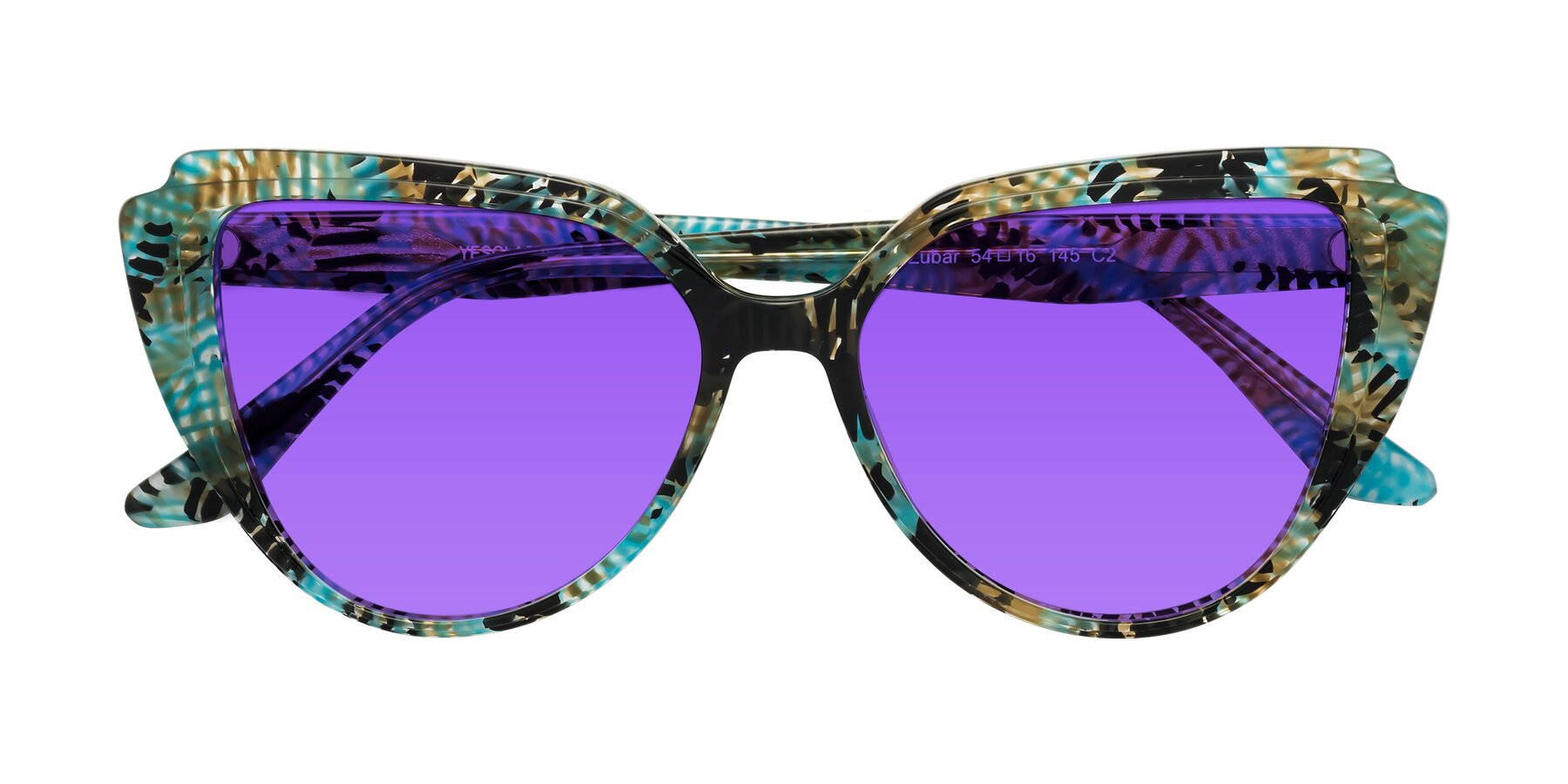 Folded Front of Zubar in Cyan Snake Print with Purple Tinted Lenses