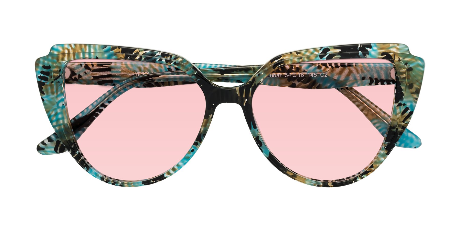 Folded Front of Zubar in Cyan Snake Print with Light Garnet Tinted Lenses