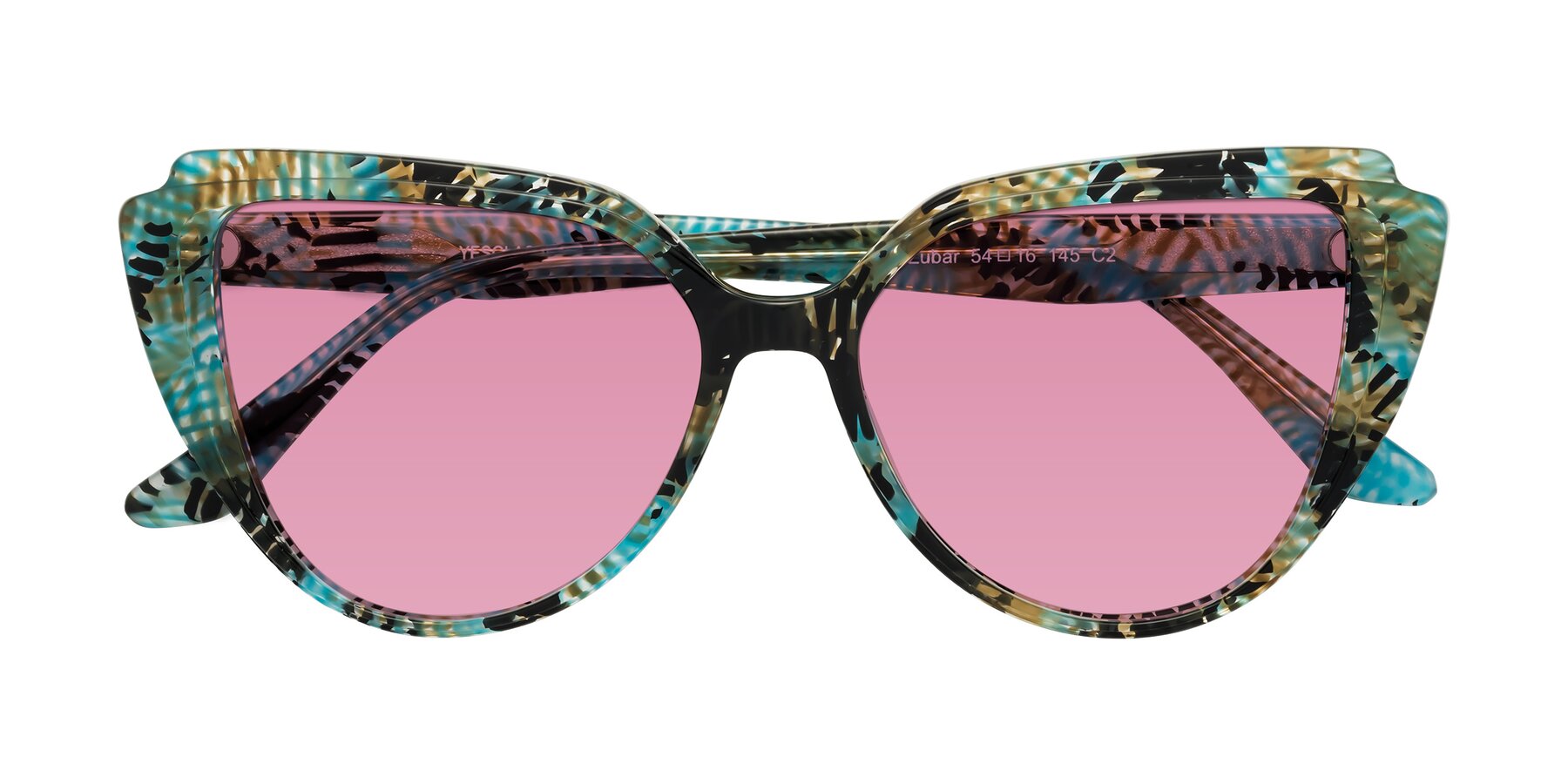 Folded Front of Zubar in Cyan Snake Print with Medium Wine Tinted Lenses