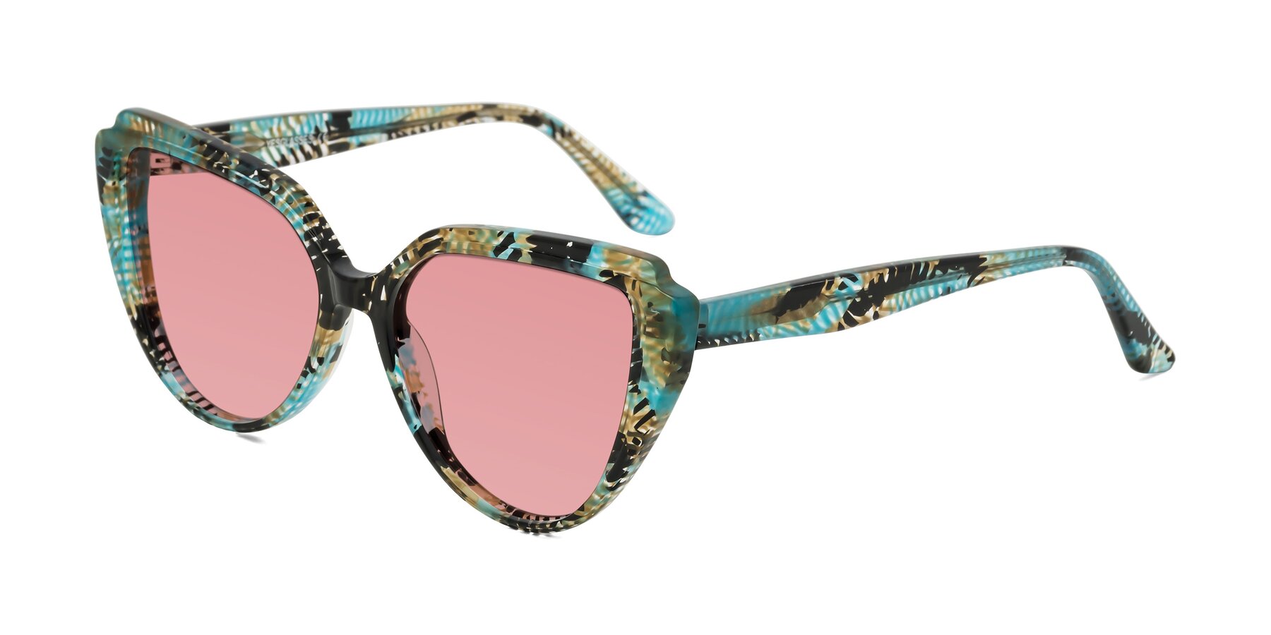 Angle of Zubar in Cyan Snake Print with Medium Garnet Tinted Lenses