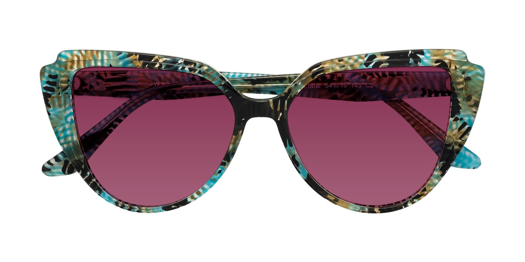 Folded Front of Zubar in Cyan Snake Print with Wine Tinted Lenses