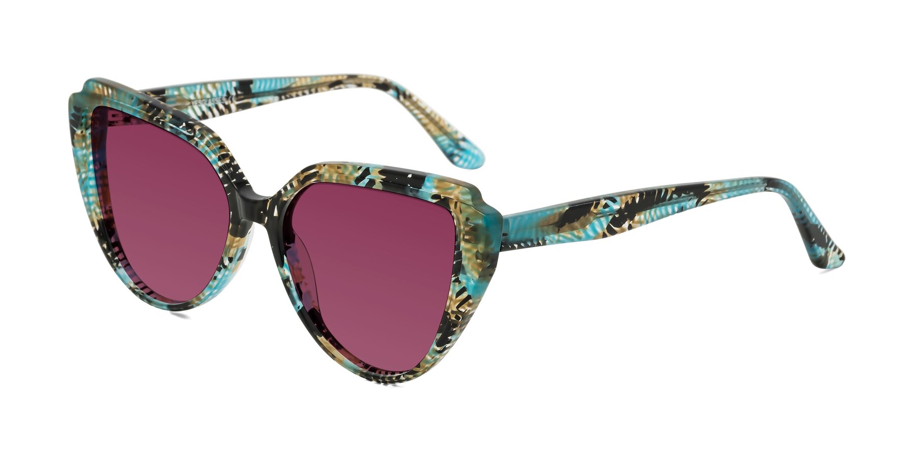 Angle of Zubar in Cyan Snake Print with Wine Tinted Lenses