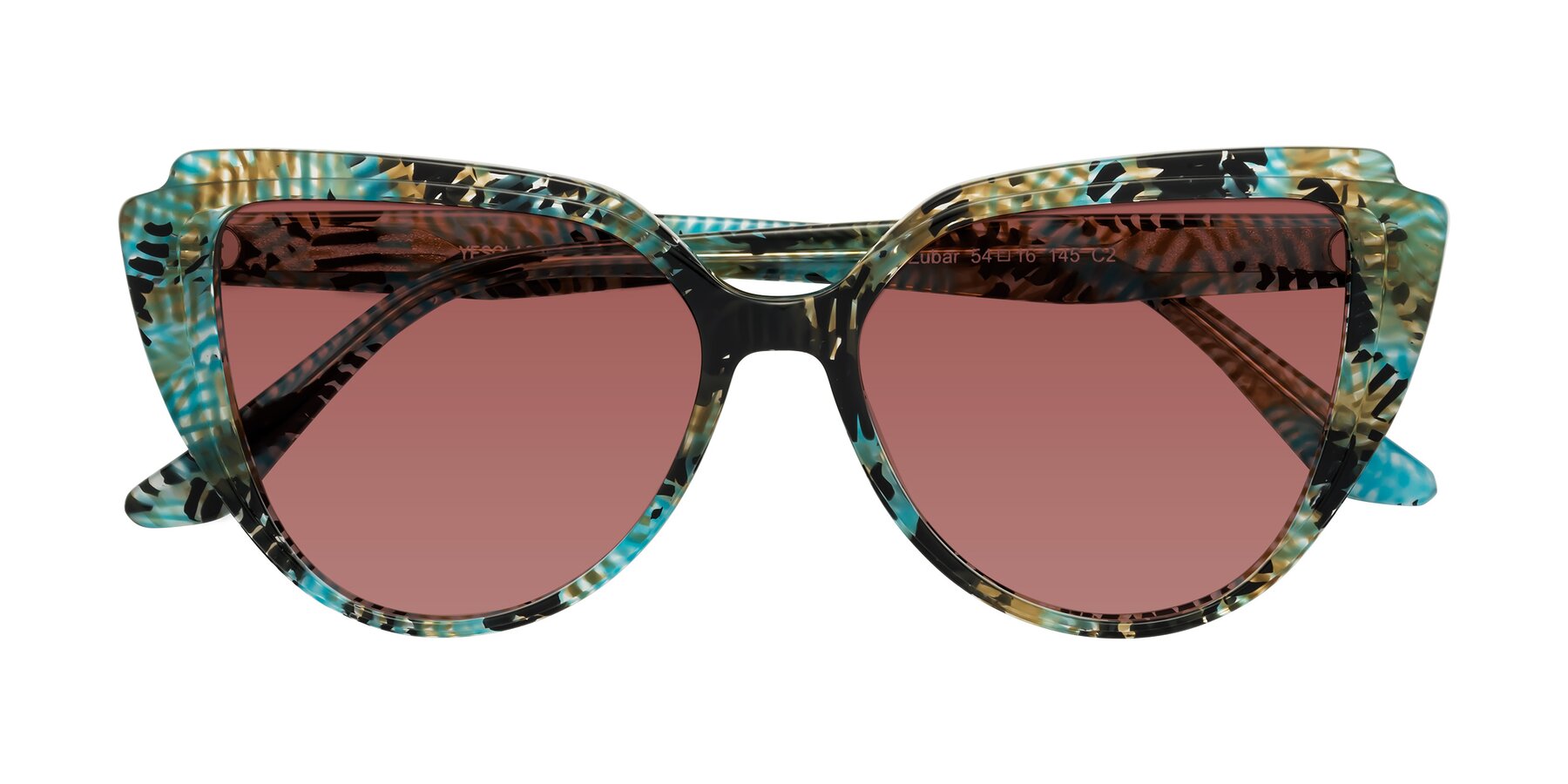 Folded Front of Zubar in Cyan Snake Print with Garnet Tinted Lenses