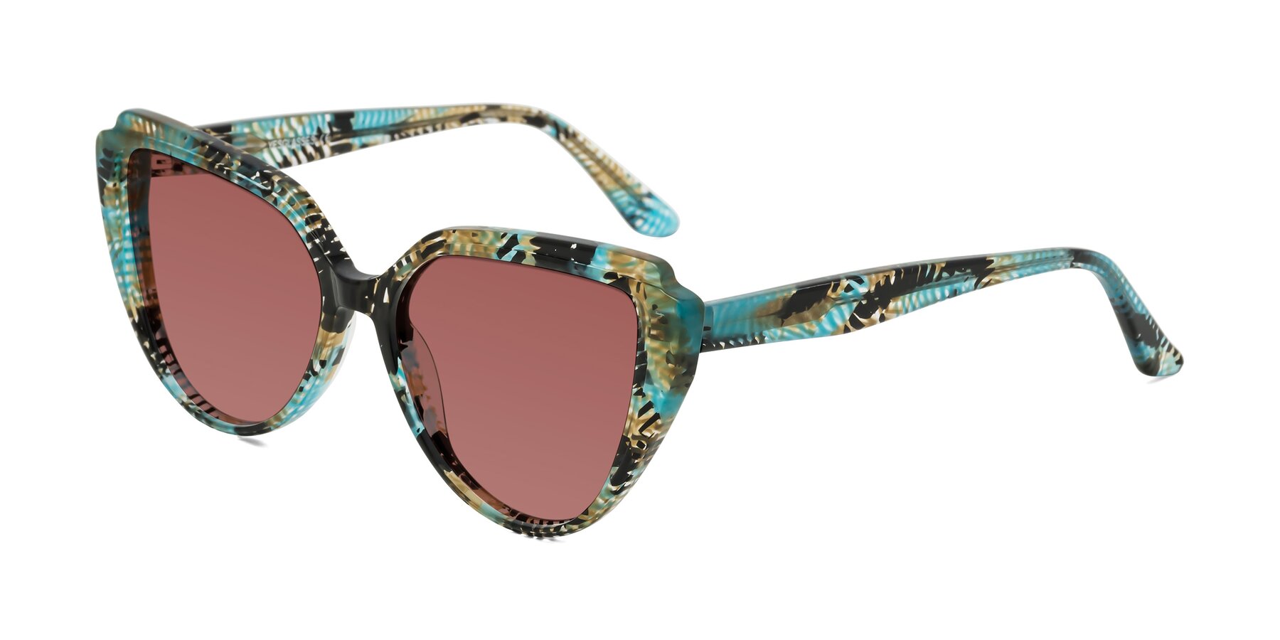 Angle of Zubar in Cyan Snake Print with Garnet Tinted Lenses