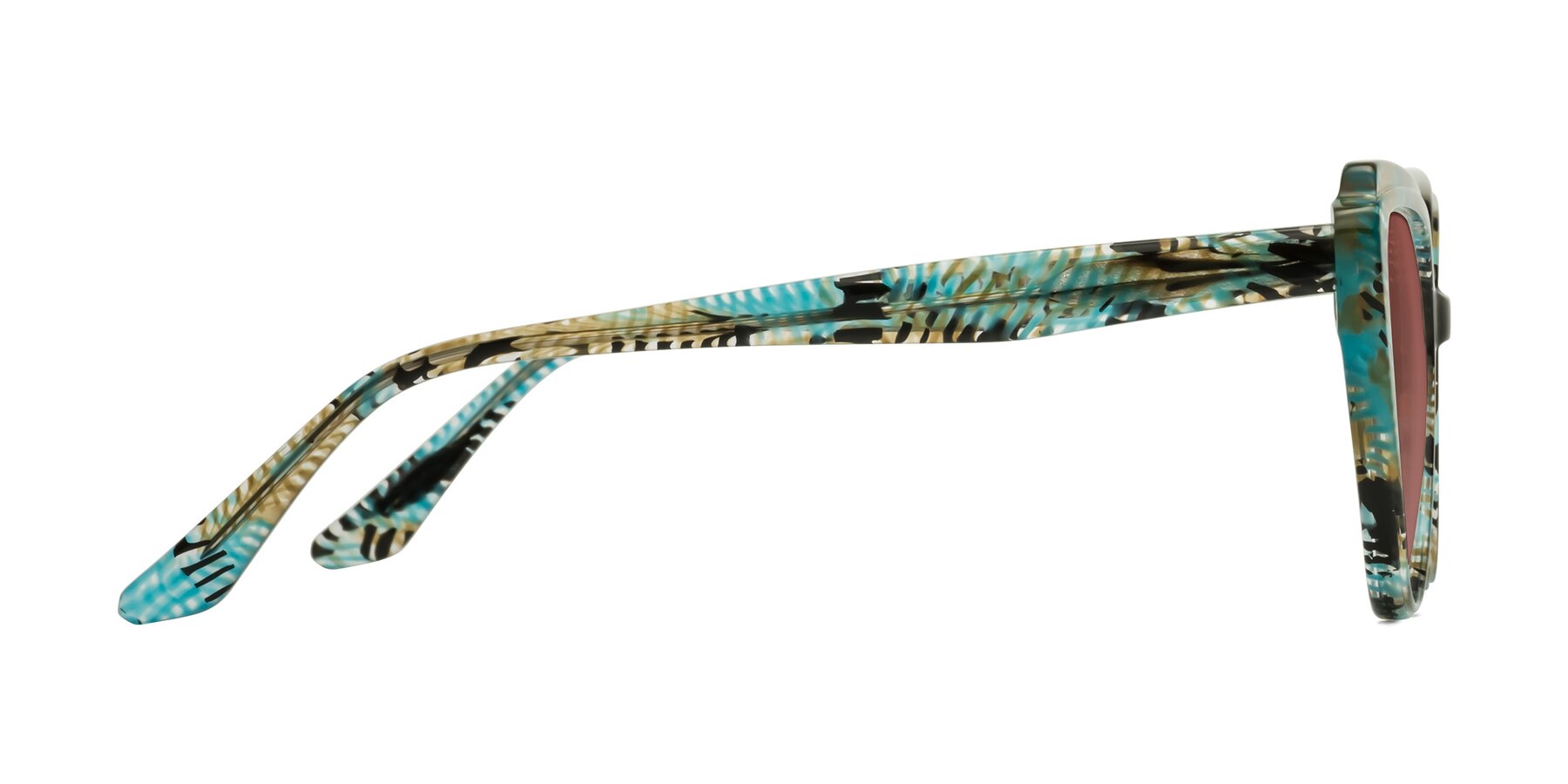 Side of Zubar in Cyan Snake Print with Garnet Tinted Lenses