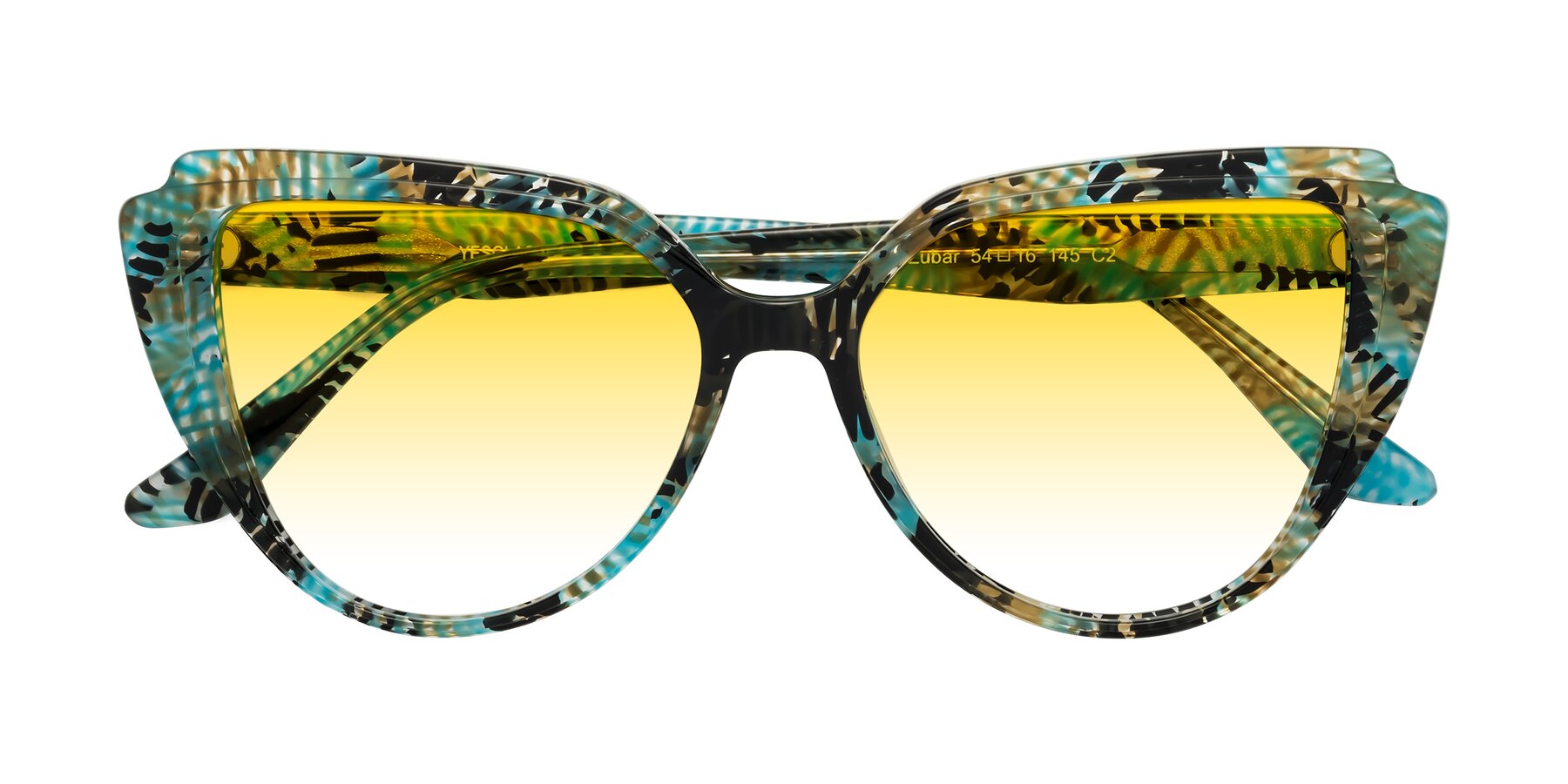 Folded Front of Zubar in Cyan Snake Print with Yellow Gradient Lenses