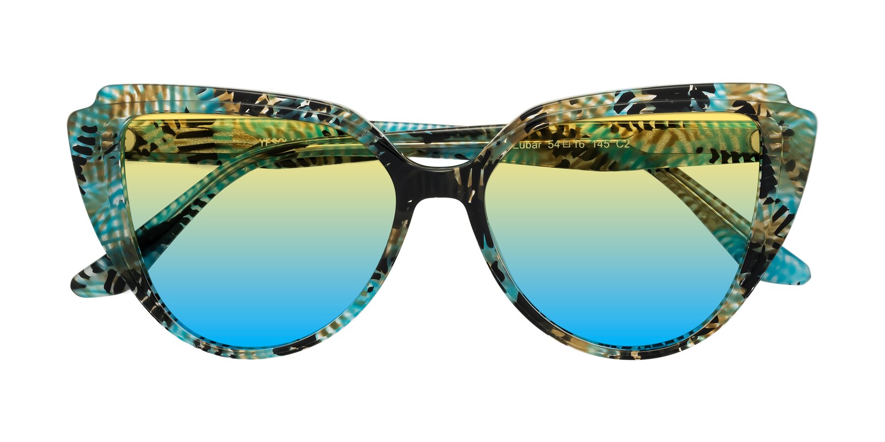 Folded Front of Zubar in Cyan Snake Print with Yellow / Blue Gradient Lenses