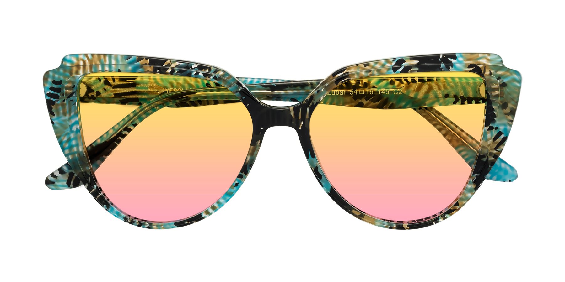 Folded Front of Zubar in Cyan Snake Print with Yellow / Pink Gradient Lenses