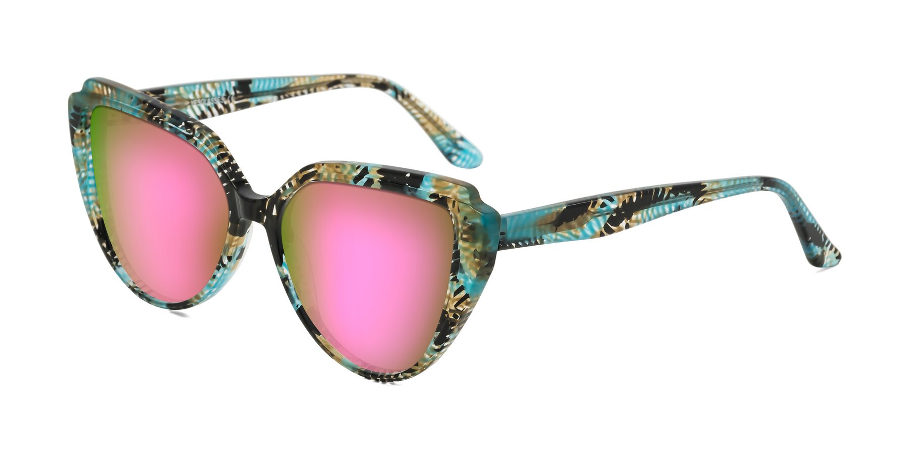 Angle of Zubar in Cyan Snake Print with Pink Mirrored Lenses
