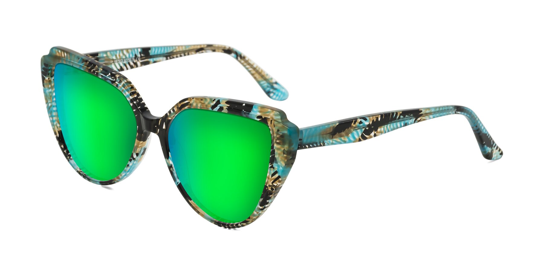 Angle of Zubar in Cyan Snake Print with Green Mirrored Lenses