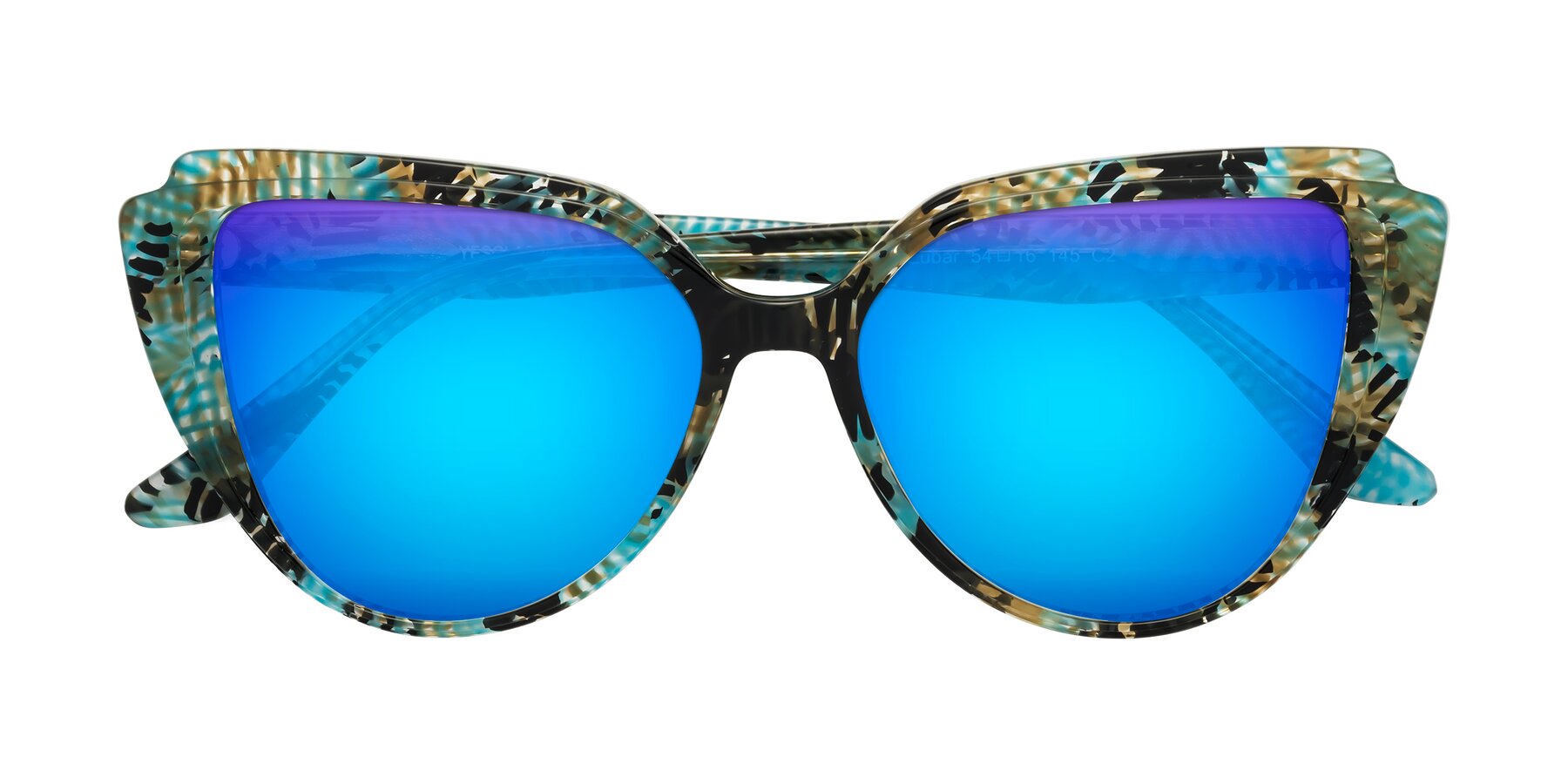 Folded Front of Zubar in Cyan Snake Print with Blue Mirrored Lenses