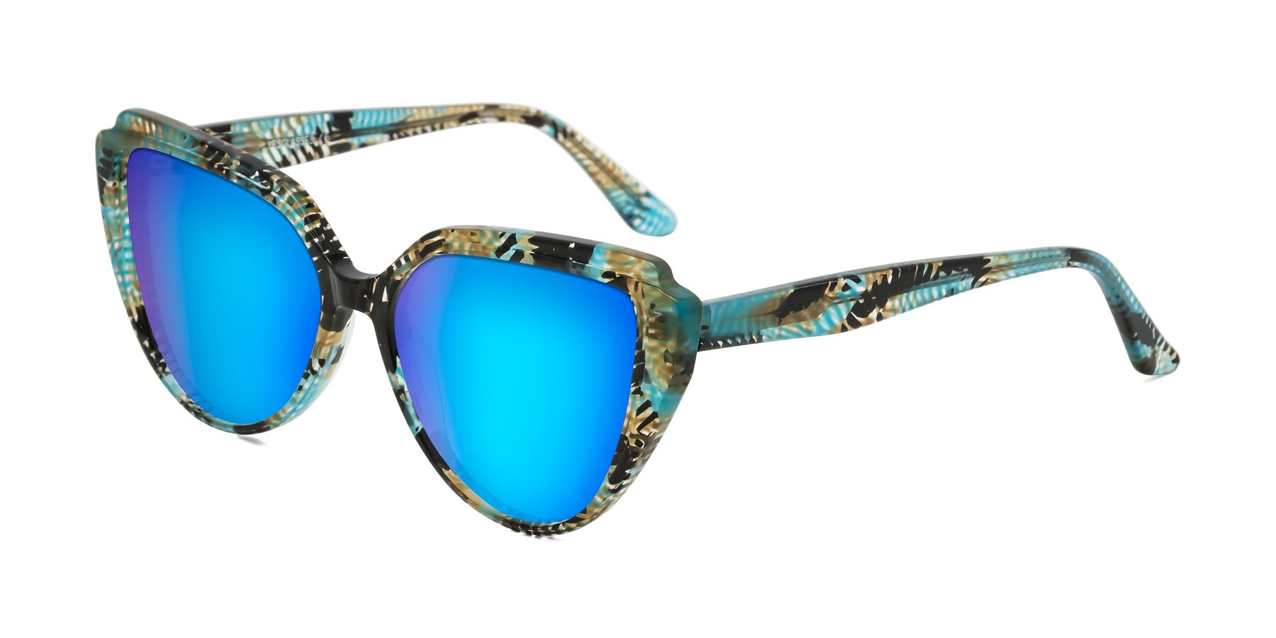Angle of Zubar in Cyan Snake Print with Blue Mirrored Lenses