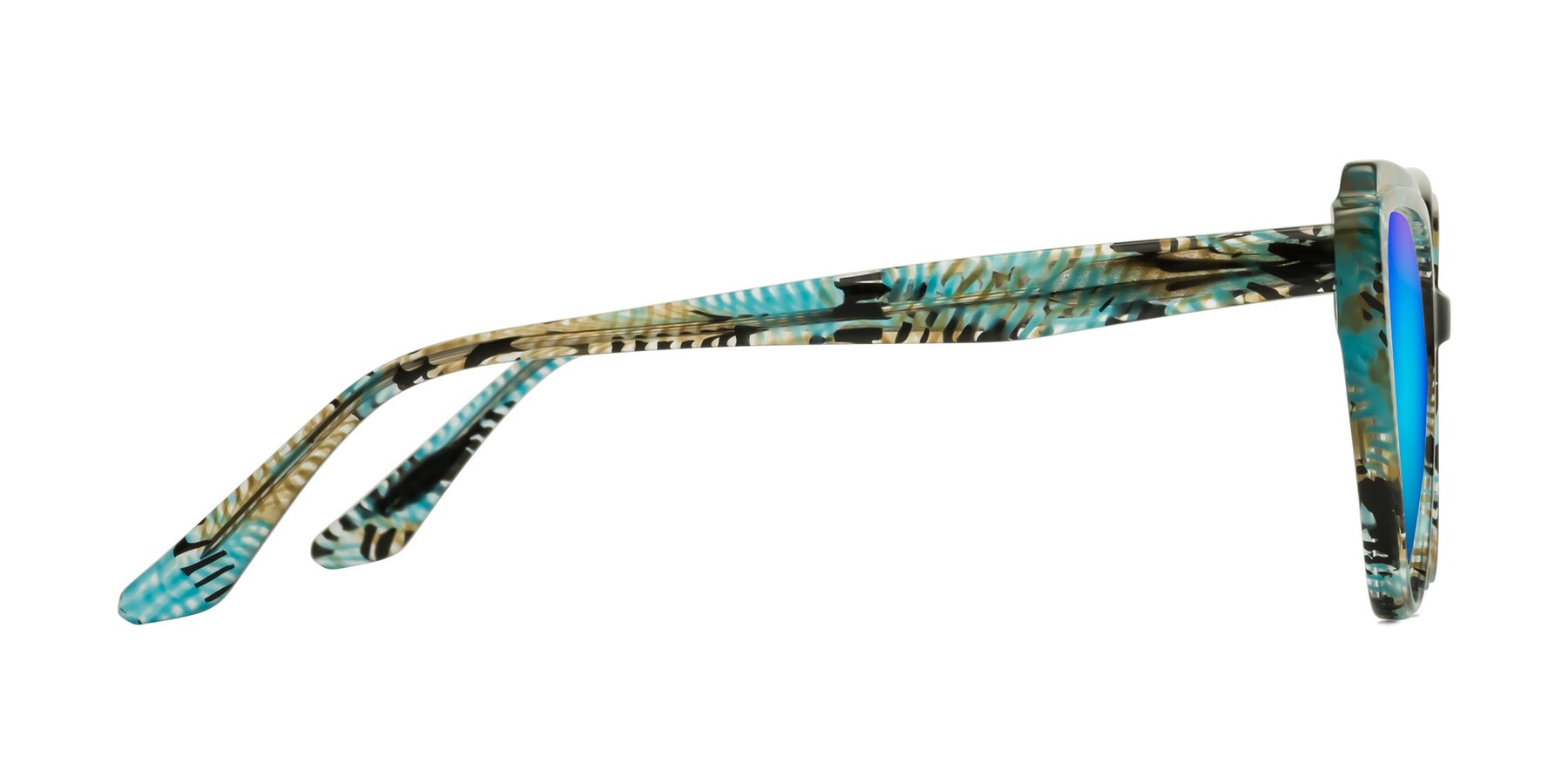 Side of Zubar in Cyan Snake Print with Blue Mirrored Lenses