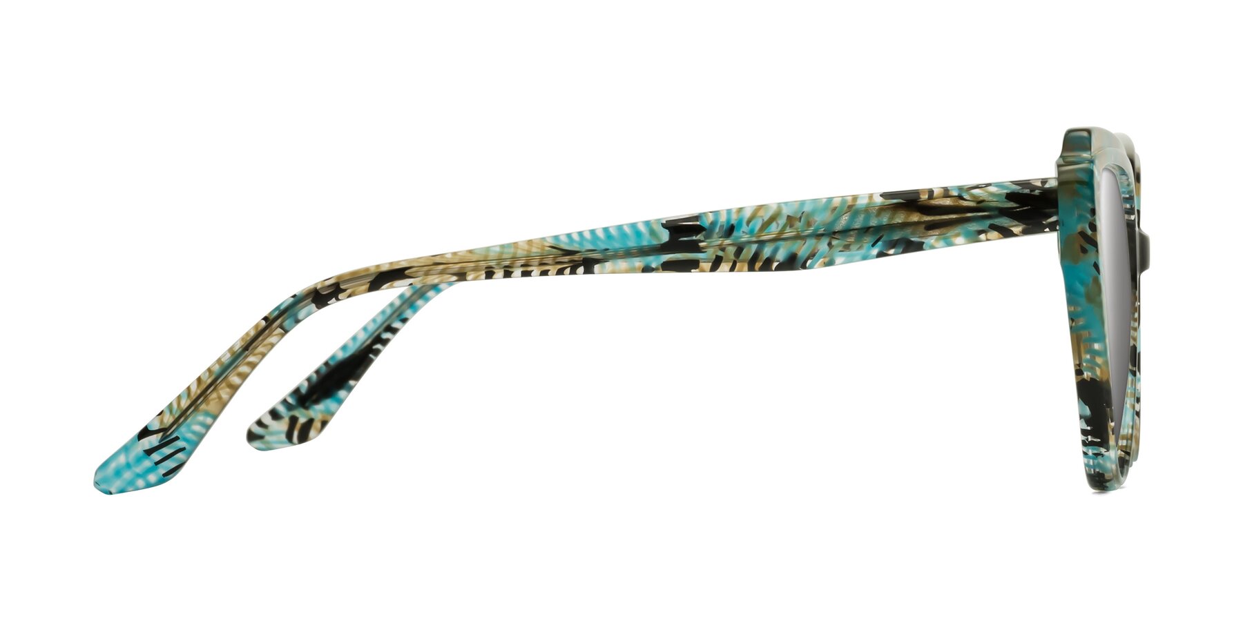 Side of Zubar in Cyan Snake Print with Silver Mirrored Lenses