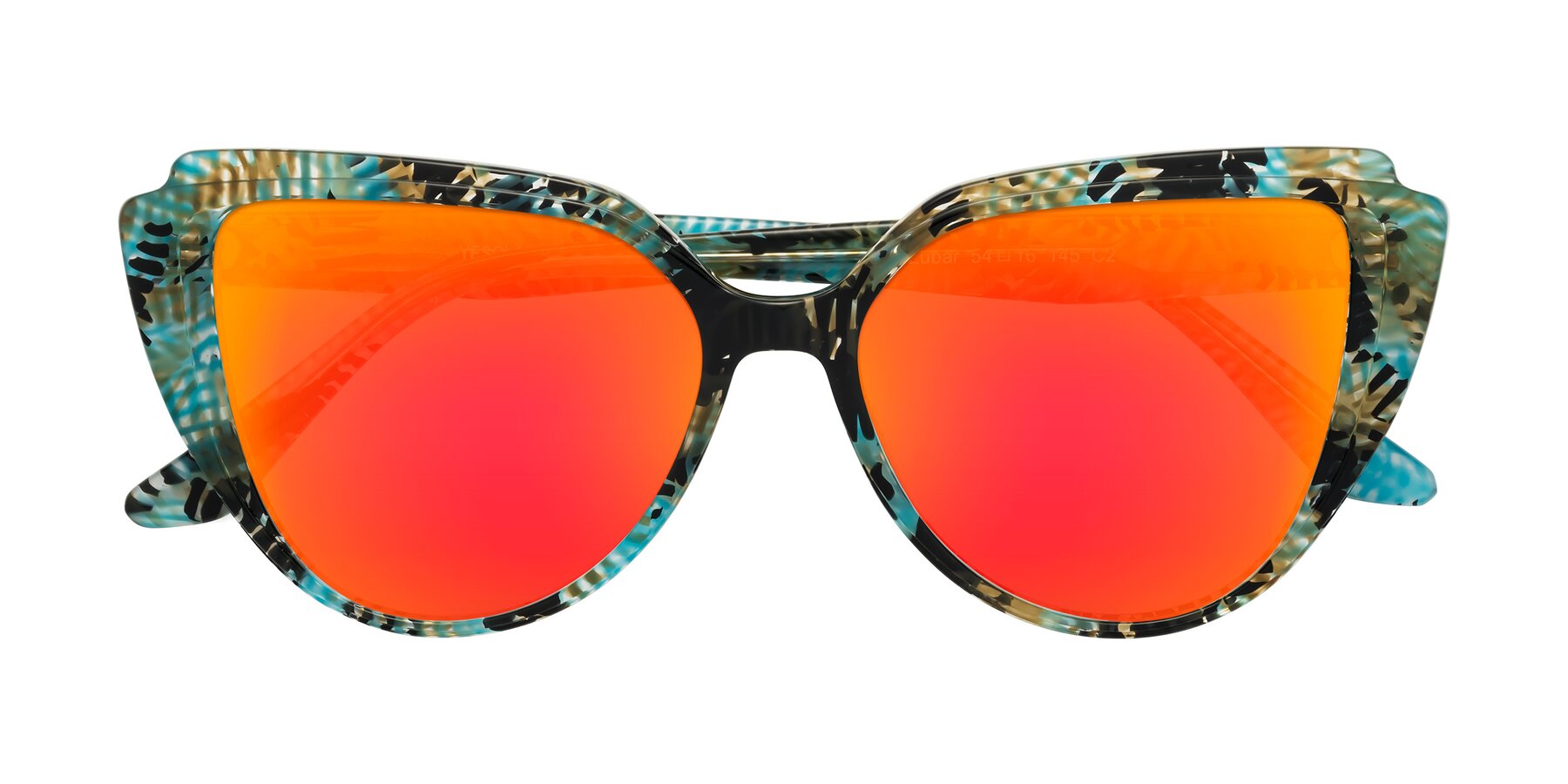Folded Front of Zubar in Cyan Snake Print with Red Gold Mirrored Lenses