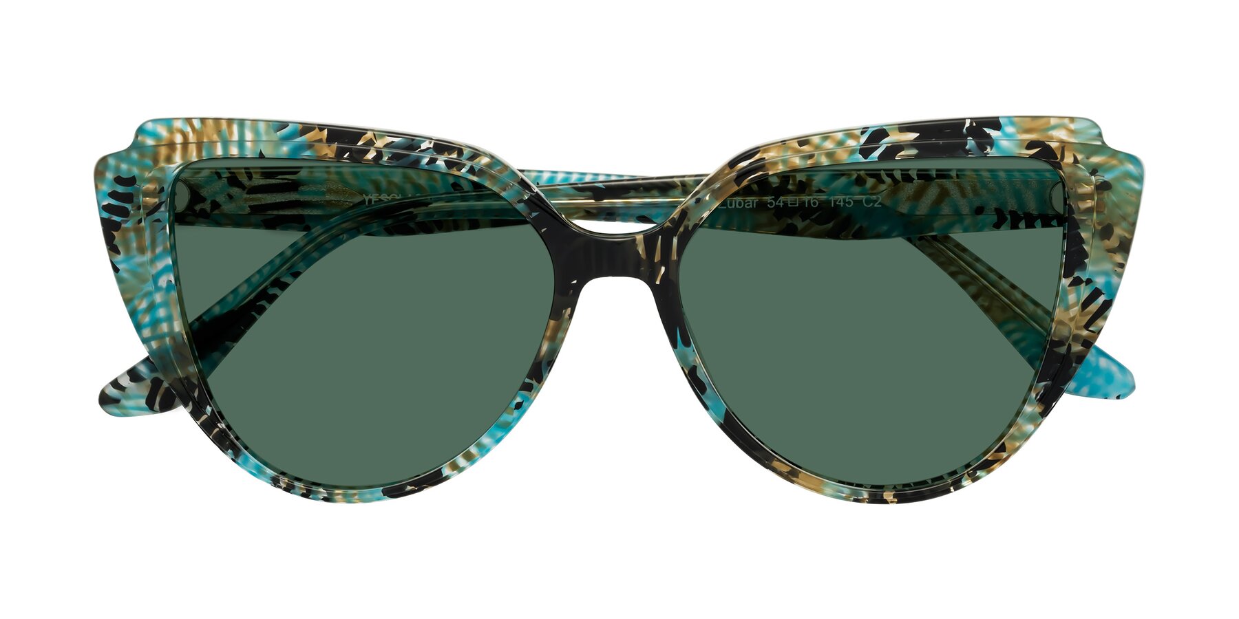 Folded Front of Zubar in Cyan Snake Print with Green Polarized Lenses