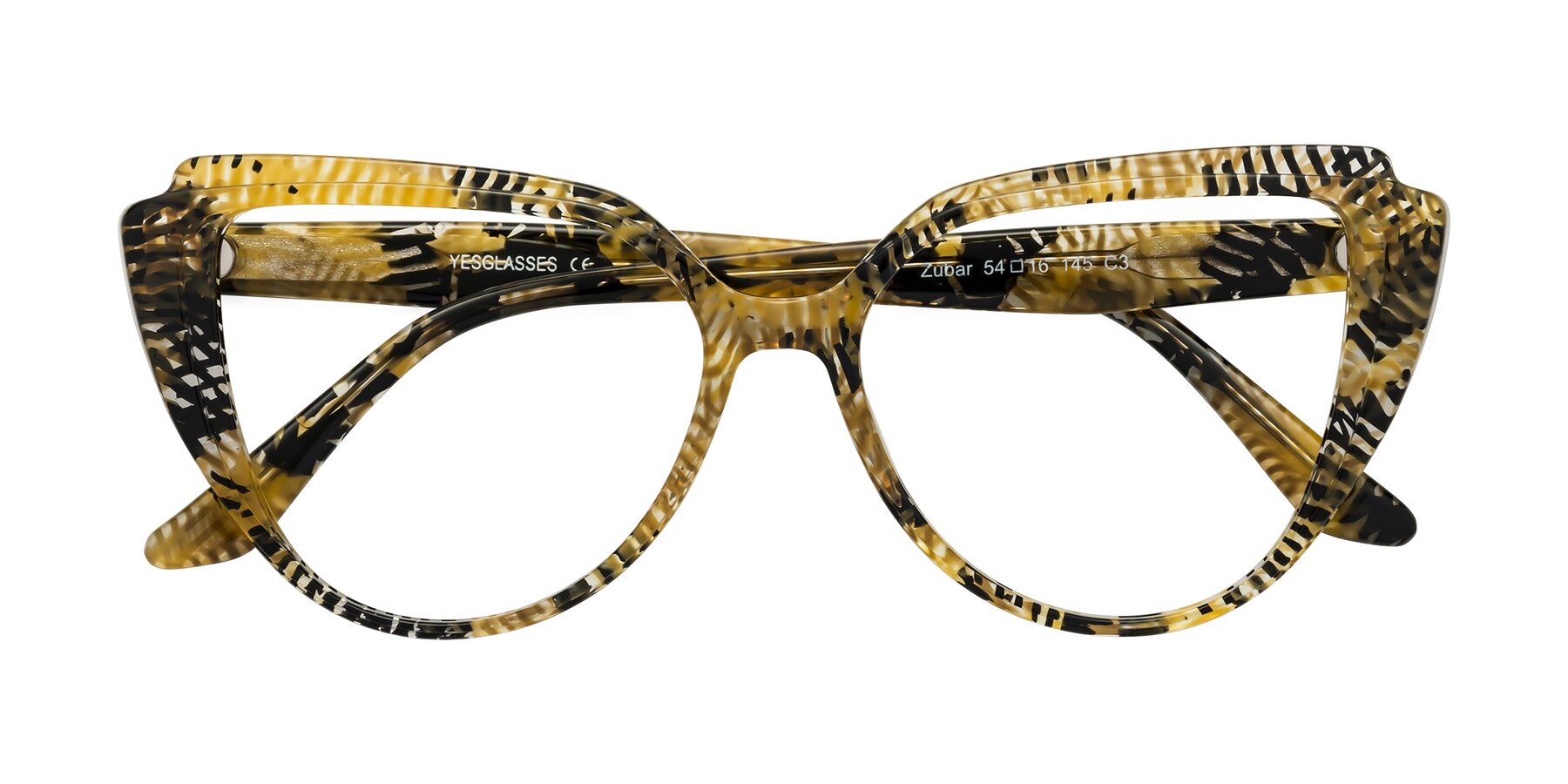 Folded Front of Zubar in Yellow Snake Print with Clear Eyeglass Lenses