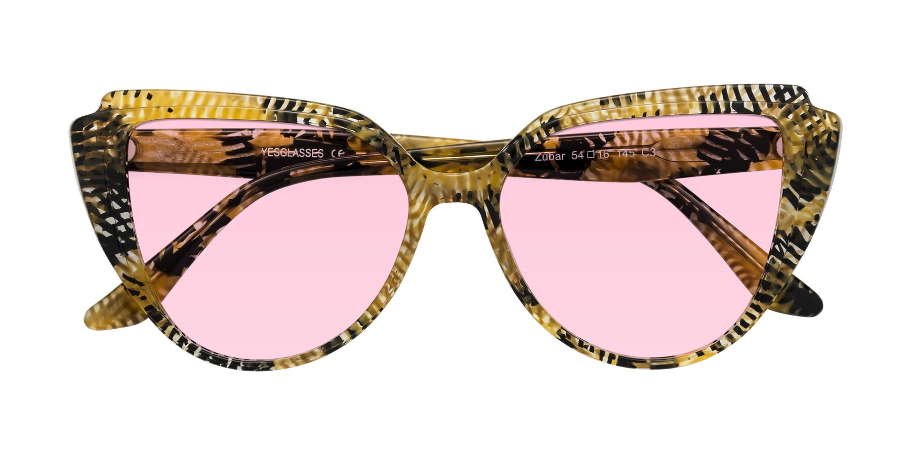Folded Front of Zubar in Yellow Snake Print with Light Pink Tinted Lenses