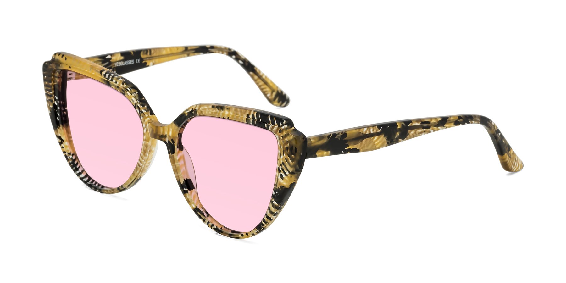 Angle of Zubar in Yellow Snake Print with Light Pink Tinted Lenses