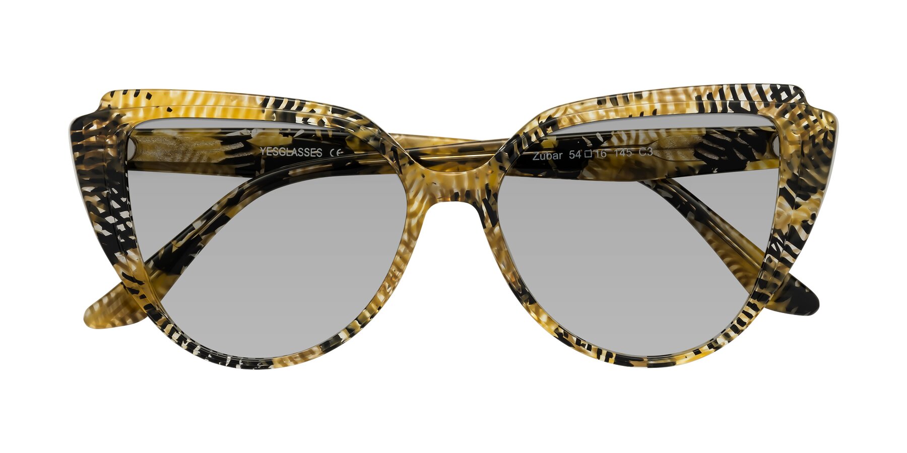 Folded Front of Zubar in Yellow Snake Print with Light Gray Tinted Lenses