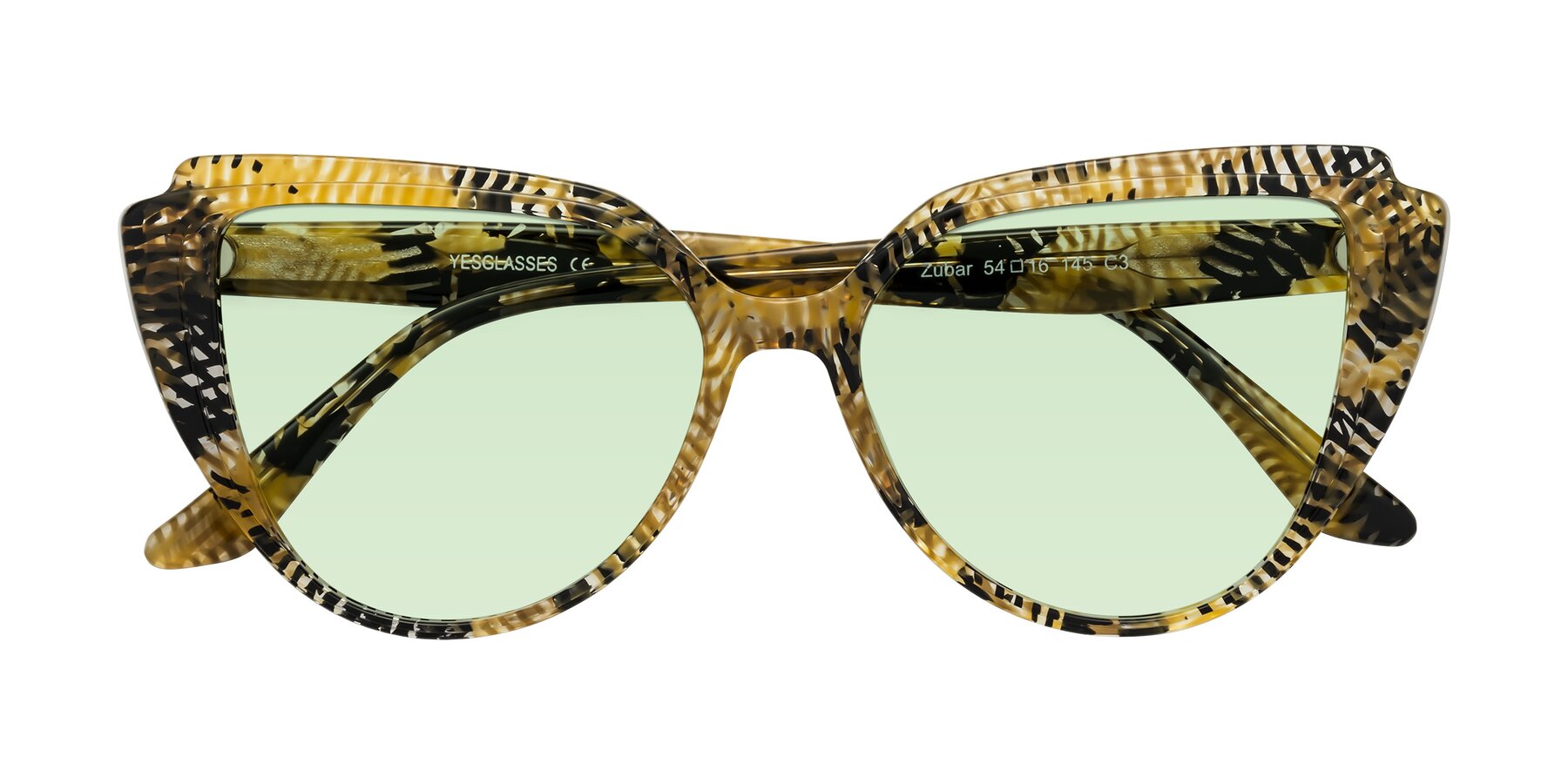 Folded Front of Zubar in Yellow Snake Print with Light Green Tinted Lenses