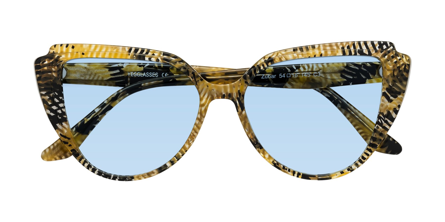 Folded Front of Zubar in Yellow Snake Print with Light Blue Tinted Lenses