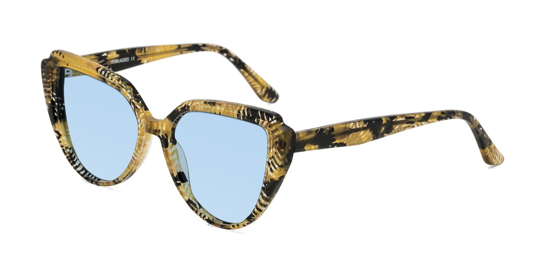 Angle of Zubar in Yellow Snake Print with Light Blue Tinted Lenses