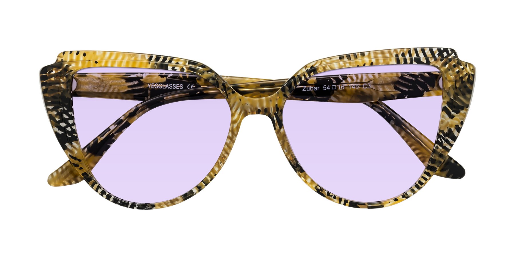 Folded Front of Zubar in Yellow Snake Print with Light Purple Tinted Lenses