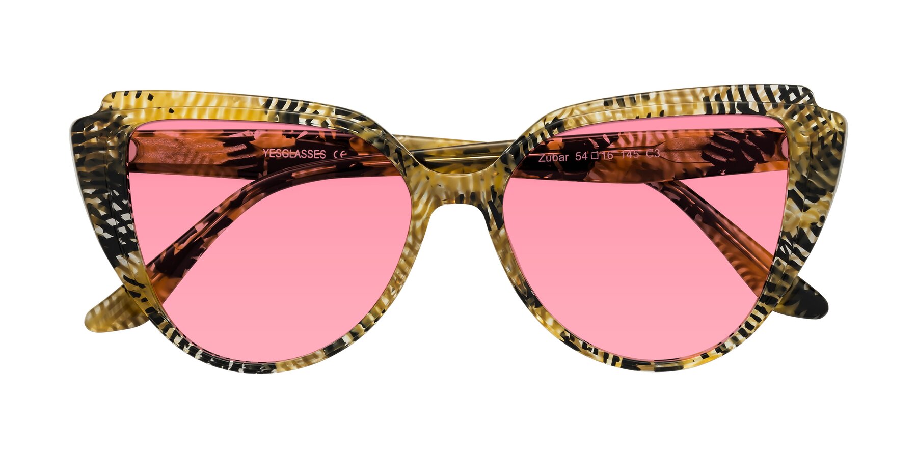 Folded Front of Zubar in Yellow Snake Print with Pink Tinted Lenses