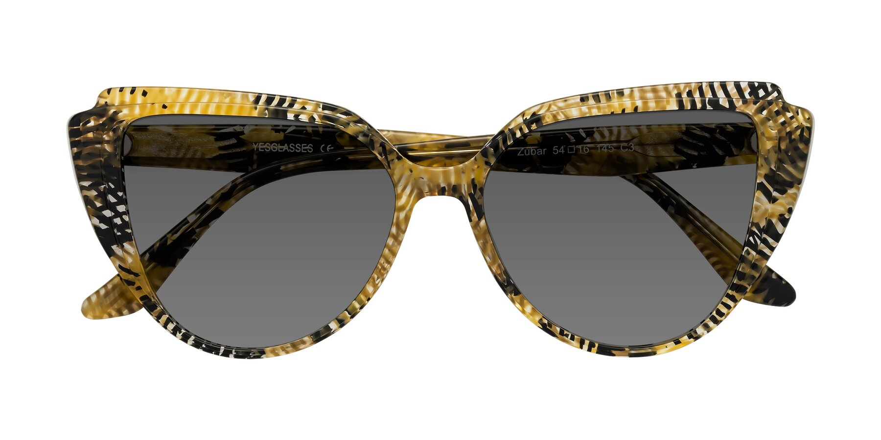 Folded Front of Zubar in Yellow Snake Print with Medium Gray Tinted Lenses