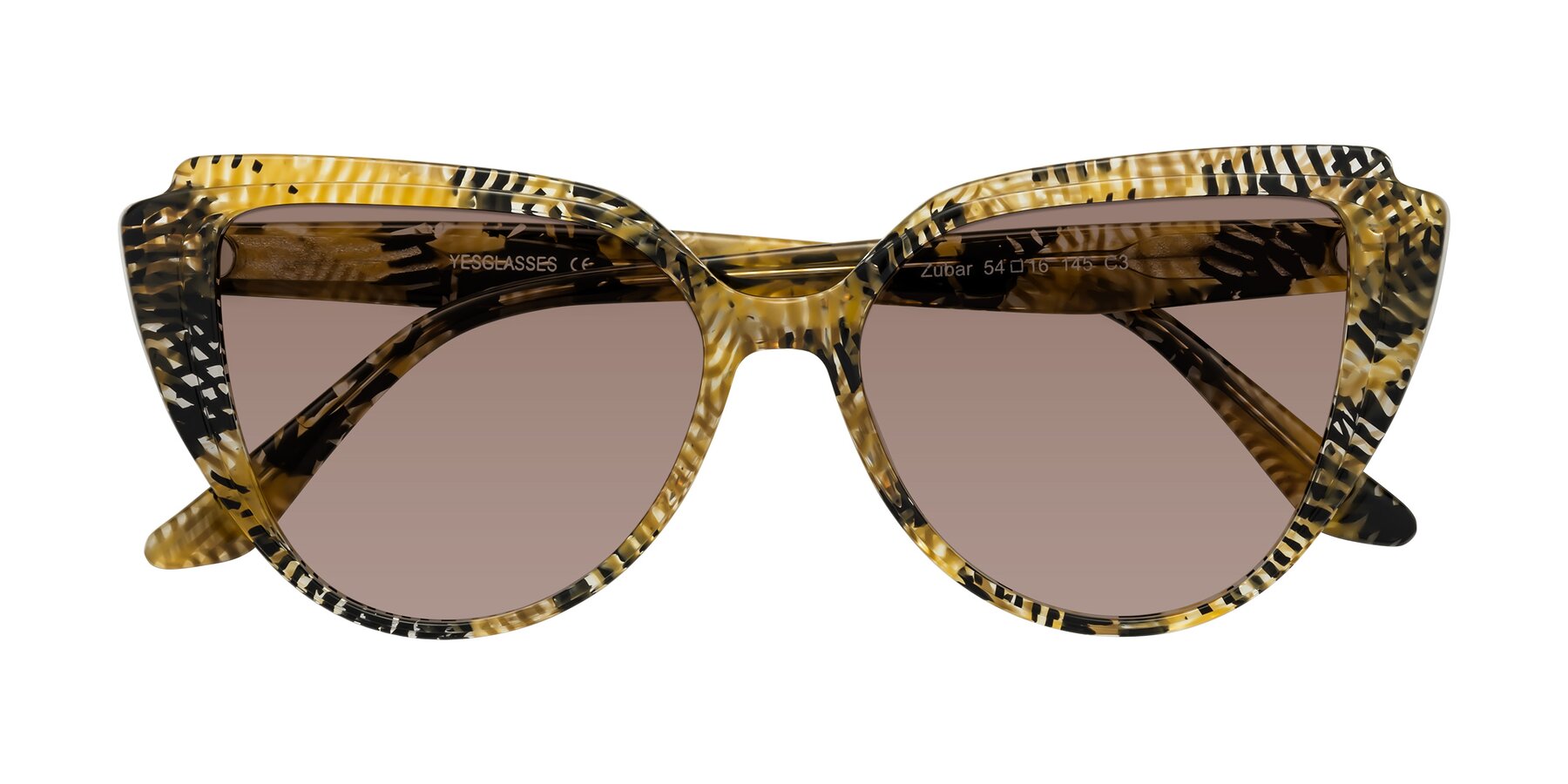 Folded Front of Zubar in Yellow Snake Print with Medium Brown Tinted Lenses